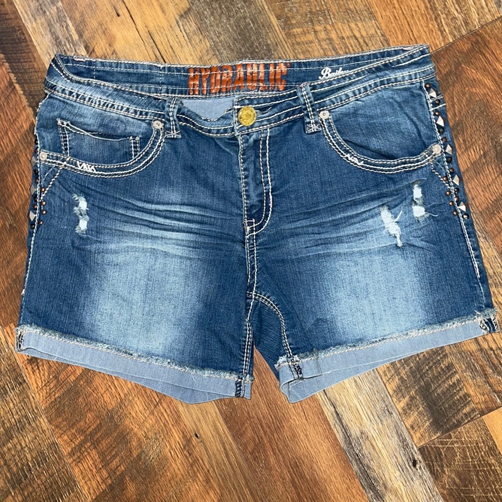Hydraulic “Bailey” Distressed Studded Jean Shorts